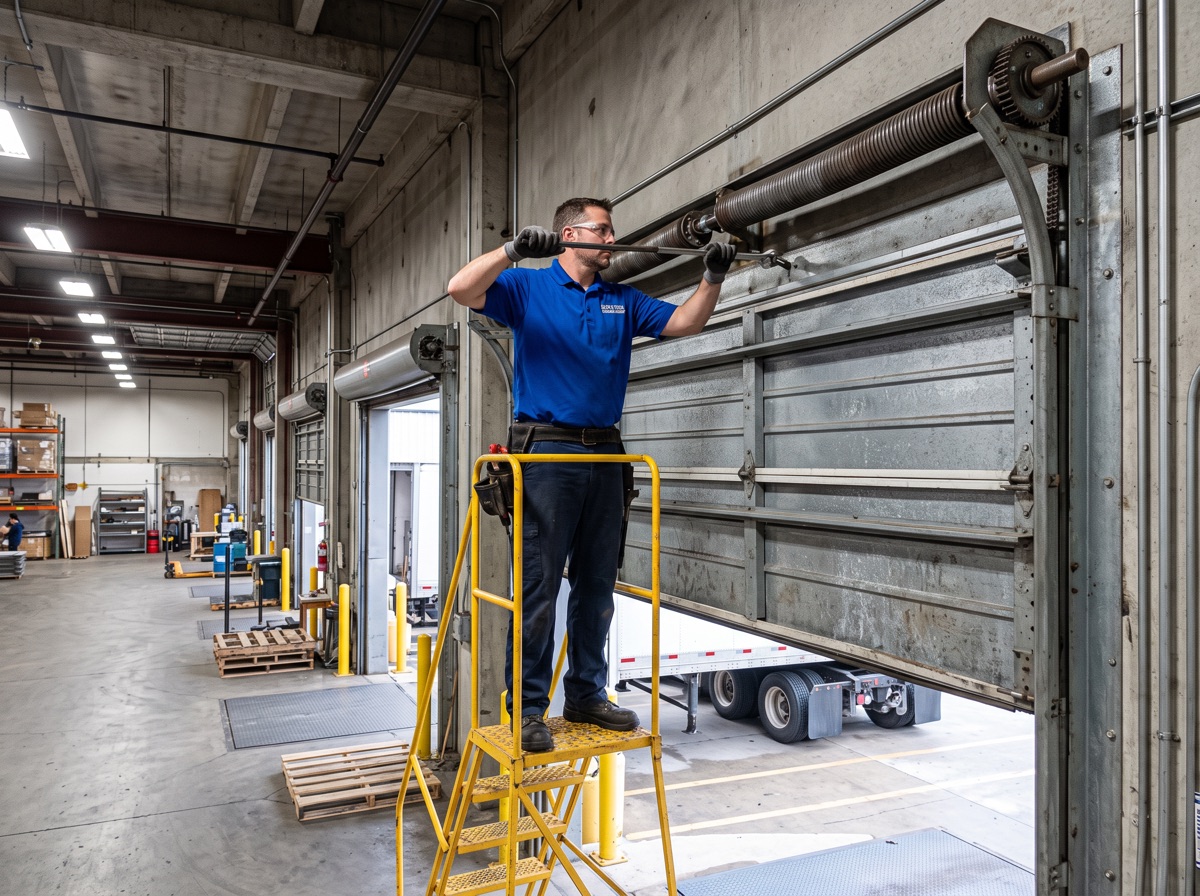Technician servicing a commercial rolling steel door
