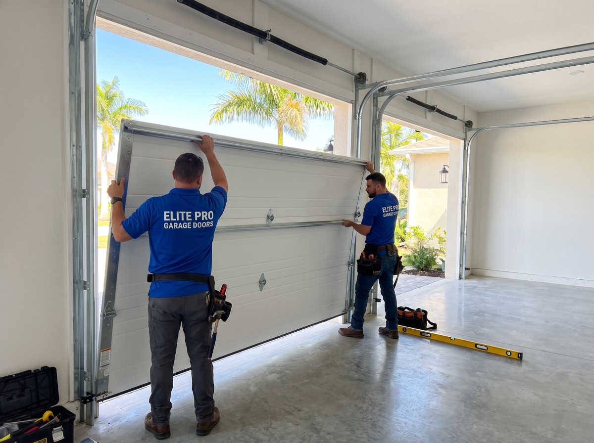 Installers fitting a new garage door panel