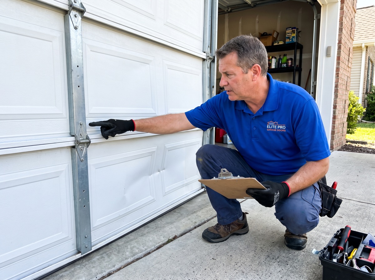 Technician inspecting a garage door off its track