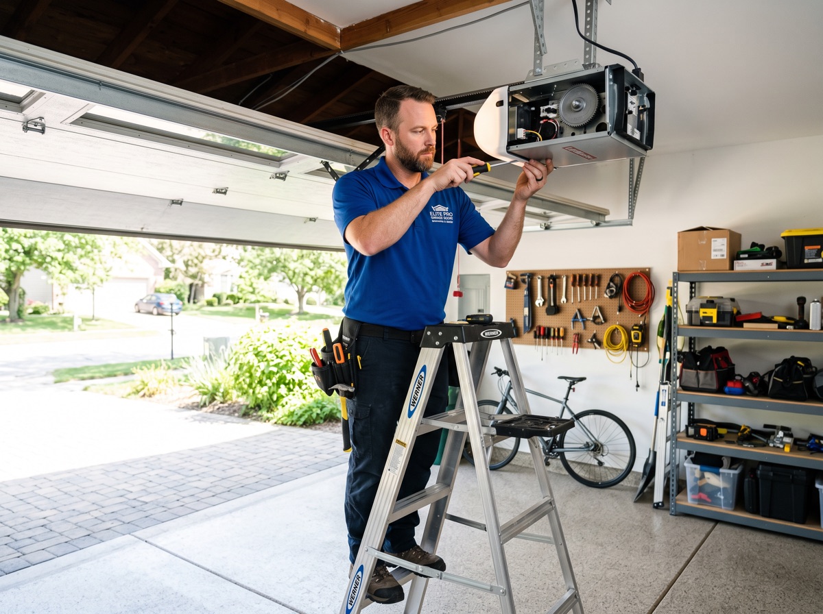 Technician servicing a garage door opener