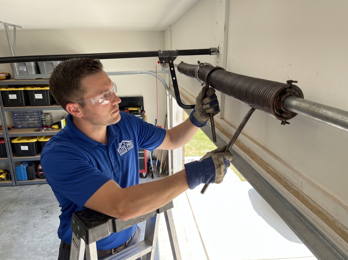 Technician replacing a garage door torsion spring