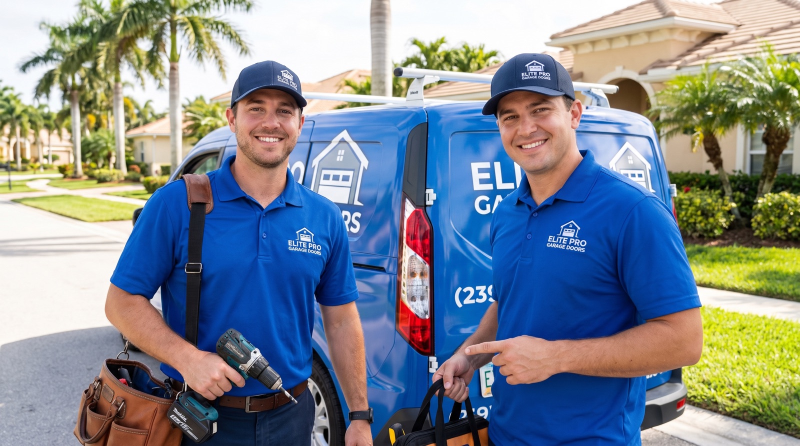 Two Elite Pro technicians in uniform by their service van