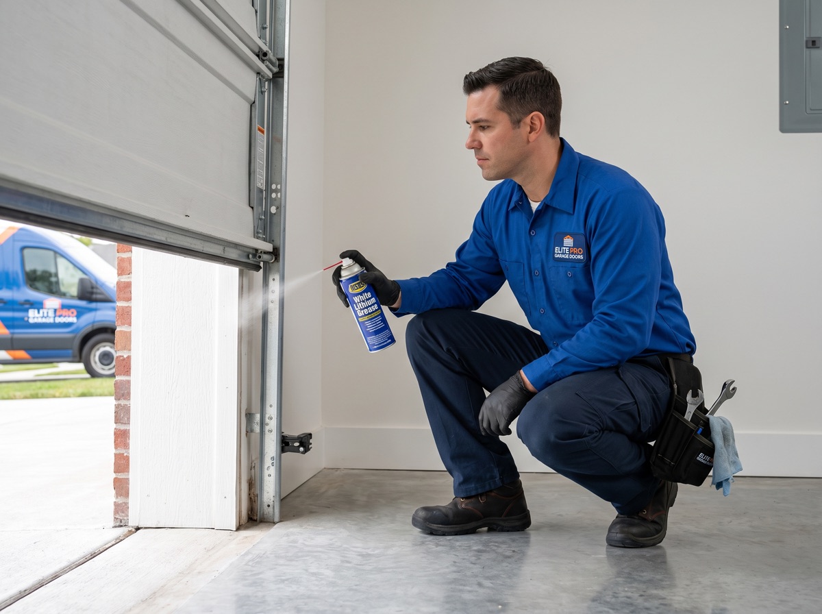 Technician lubricating garage door rollers